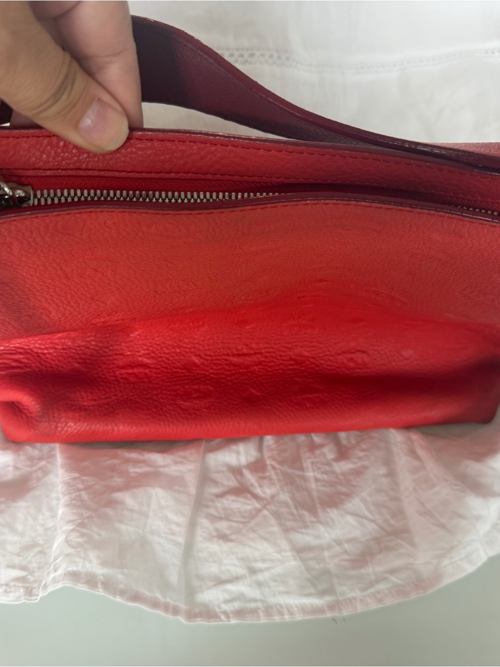 MCM Red Embossed Leather Shoulder Hobo - Picture 10 of 12